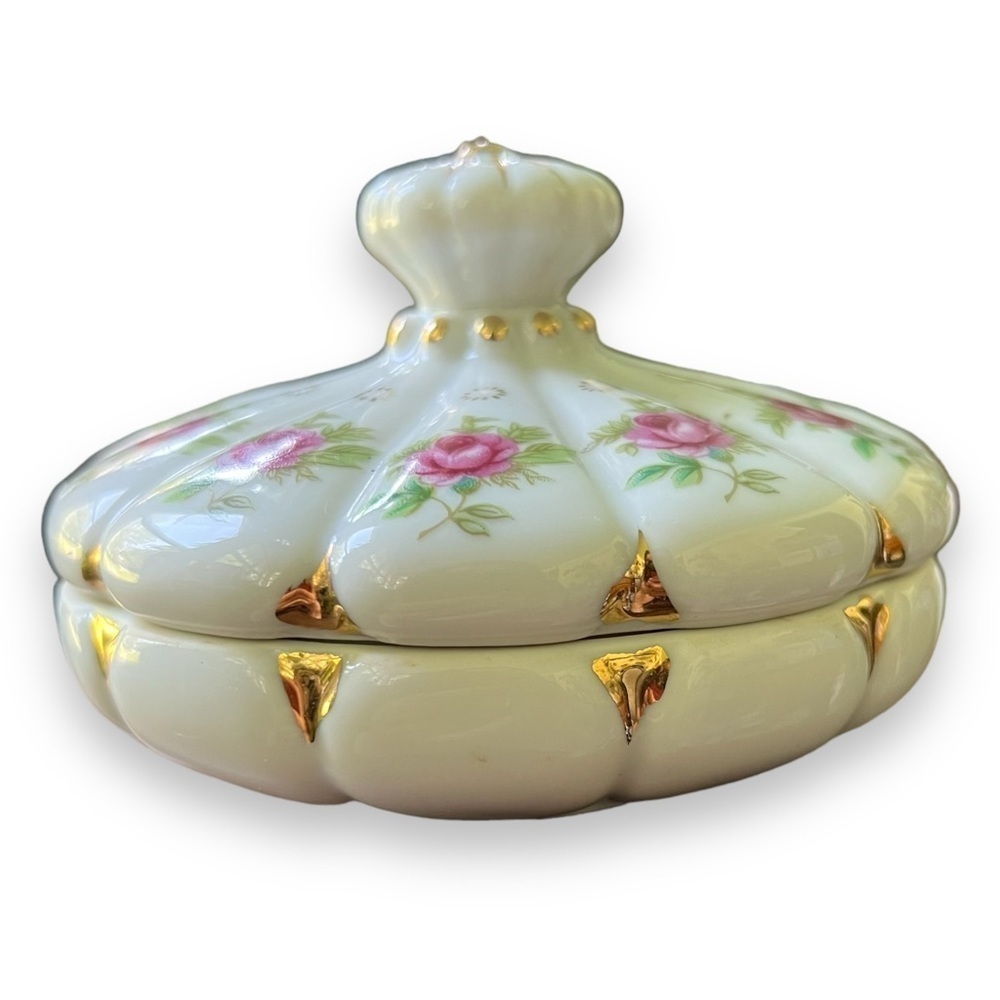 Vintage Japan Rose & Gold Handmade Lidded Dresser Jar - Picture 3 of 14